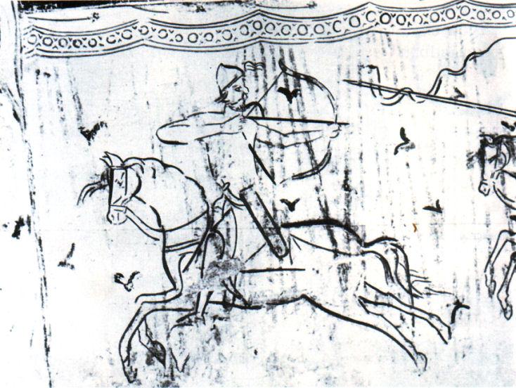 Afbeelding van een Magyaarse krijger op een tiende-eeuwse kerkfresco uit Aquilea.