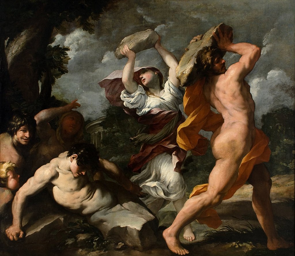 Deukalion en Pyrrha werpen stenen over hun schouder - Giovanni Maria Bottala, circa 1635