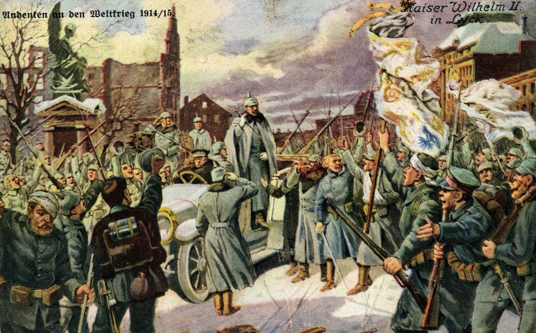 Propgandabeeld op een militaire ansichtkaart. Gewonde soldaten juichen de Duitse keizer Wilhelm II toe.