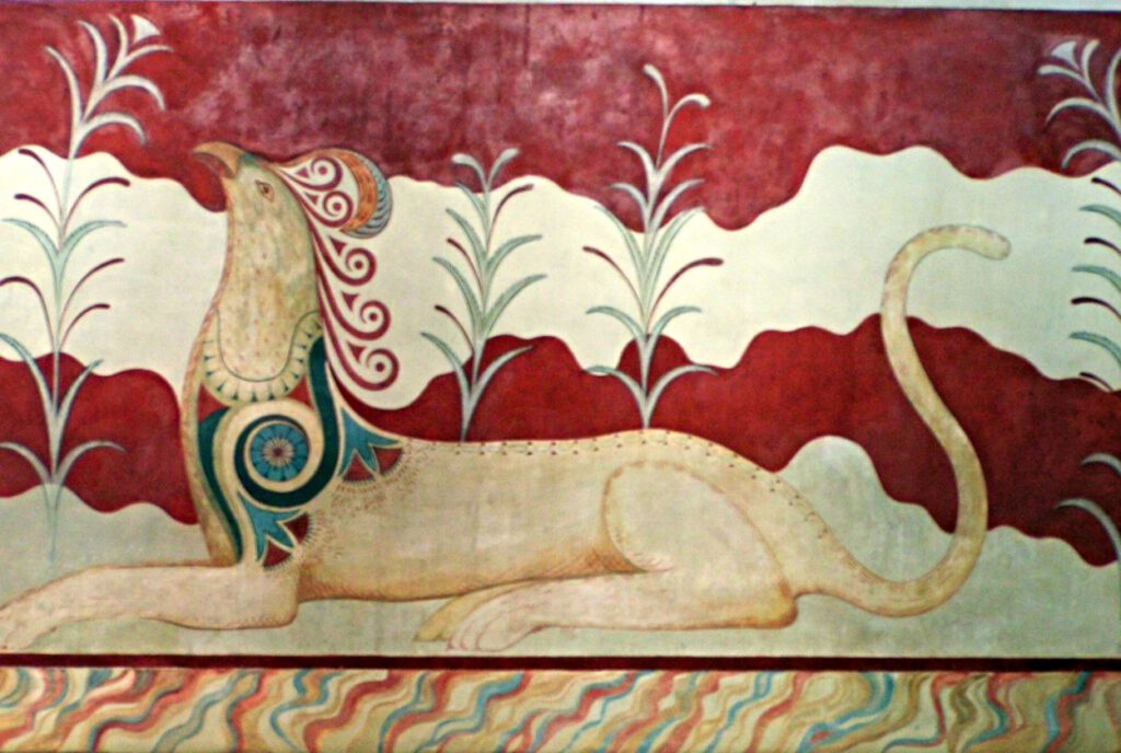 Griffioen op een gerestaureerd fresco in Knossos