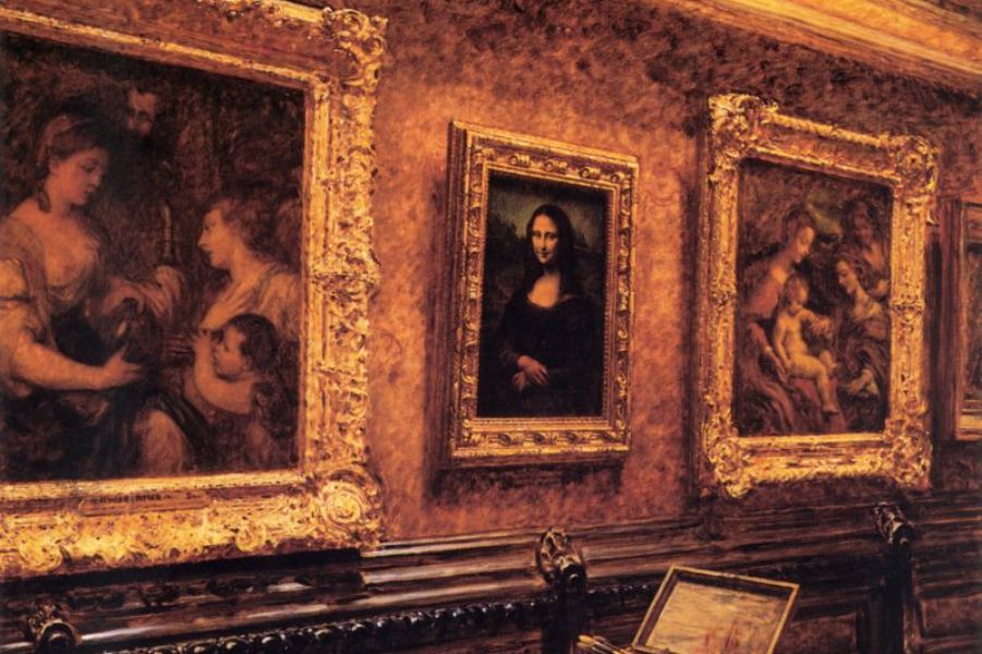 Schilderij van Louis Béroud's uit 1911 waarop de Mona Lisa te zien is in het Louvre, kort voor de diefstal
