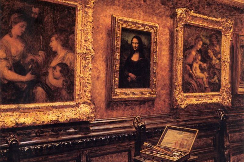 Schilderij van Louis Béroud's uit 1911 waarop de Mona Lisa te zien is in het Louvre, kort voor de diefstal