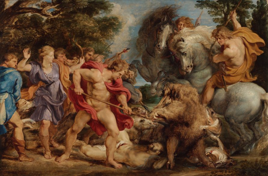Schilderij van Rubens over de jacht op het zwijn. Rechts Atalanta en links Meleagos
