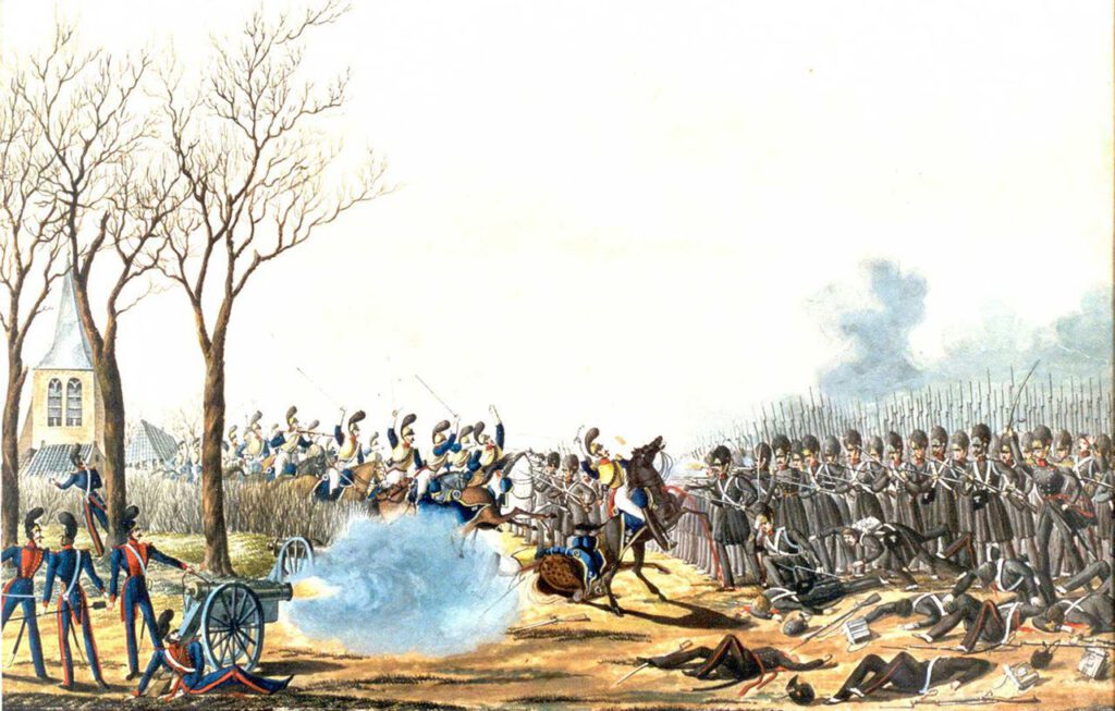 Slag bij Kermt op een aquarel van Alting von Geusau, ca. 1835