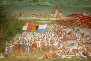 Slag bij Sempach. Herdenkingsfresco in een kapel bij Sempach