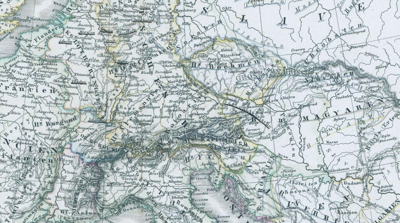 Fragment uit een kaart van Europa in de tijd van de Karolingers (752-911) met uiterst rechts de gebieden van de Magyaren, uit Karl von Spruner’s “Historisch-Geographischer Schul-Atlas”, 1874