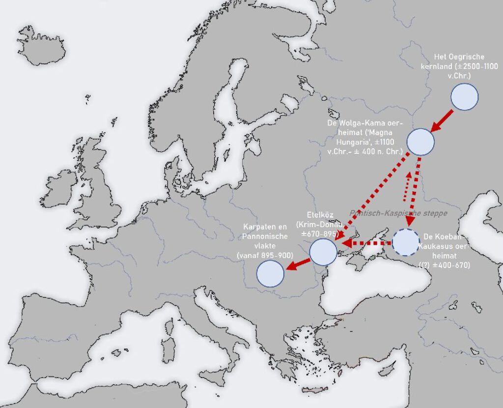 De Magyaarse migraties door Eurazië tussen 1100 v. Chr. en 900 n. Chr. 