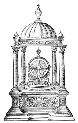 Schets van Drebbel’s perpetuum mobile door Thomas Tymme in 'A dialogue philosophicall' (1612). De cirkelvormige buis (C), die de Aarde (A) omvat, is een holle ring van kristal, “waarin zich water bevindt dat de zee voorstelt; dat water rijst en daalt, zoals de vloed en de ebbe, tweemaal per 24 uur, overeenkomstig de loop der getijden in die delen, waar dit instrument zal worden geplaatst, waardoor te zien is hoe de getijden bij dag en nacht hun loop houden.”