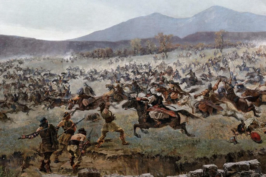 Aanval van Magyaarse ruiters, op een fragment van het nationaalromantische schilderij „A magyarok bejövetele (De aankomst van de Magyaren)” van Árpád Feszty uit 1894.