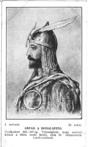 Negentiende-eeuwse Hongaarse almanak-afbeelding van Árpád (±850-907), stichter van het eerste Magyaarse rijk in het huidige Hongarije. De Árpád-dynastie zou tot 1301 bestaan.