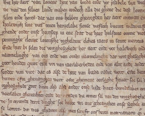 Akte uit 1279 over de uitgifte van land in het Brabantse Hulsdonk (bij Zundert). De eerste regel luidt: ,,Wie, her Aert van Lovene, here van Breda, ende ver Ysabele sijn wief (. . .)’’. (Stadsarchief Breda)