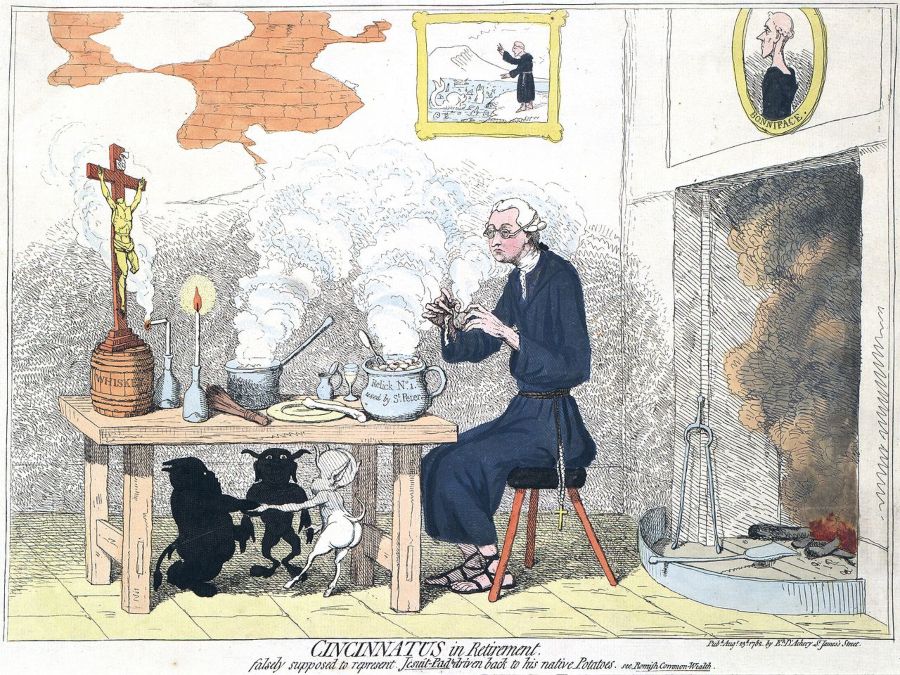 In <em>Cincinnatus in Retirement</em> (1782) karikaturiseerde James Gillray Burke's steun voor de rechten van katholieken