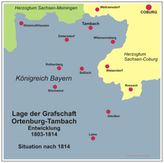 Ligging van Tambach toen het nog de hoofdplaats was van het graafschap Ortenburg-Tambach. Helemaal rechtsboven Cobug, schuin links daaronder Tambach. 