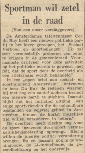 Bericht over de politieke ambities van Cor du Buy in Dagblad Trouw, 13 maart 1958 