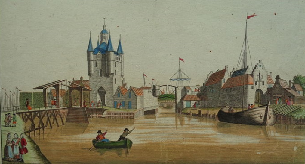 Gezicht op de Zuidhavenpoort (links) en Noordhavenpoort (rechts) van Zierikzee, geschilderd door G.B. Probst (1732-1801). Beide poorten zijn tot op de dag van vandaag behouden gebleven.