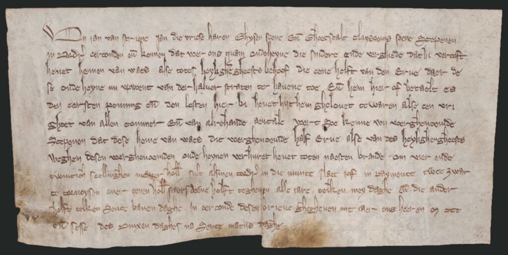 Akte over de verkoop van een half erf in Dordrecht, 1306. (Regionaal archief Dordrecht)