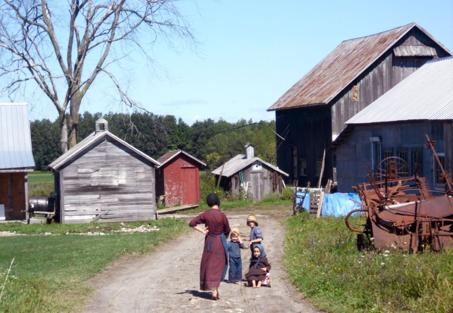 Amish kinderen op een boerderij bij Morristown, New York