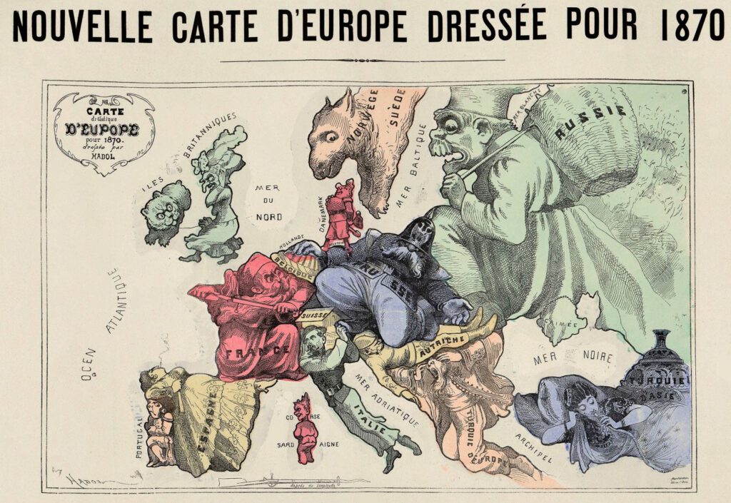 Carte drôlatique d'Europe pour 1870