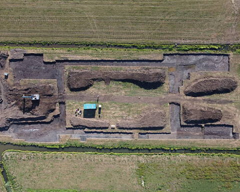 Dronefoto van de opgegraven eendenkooi