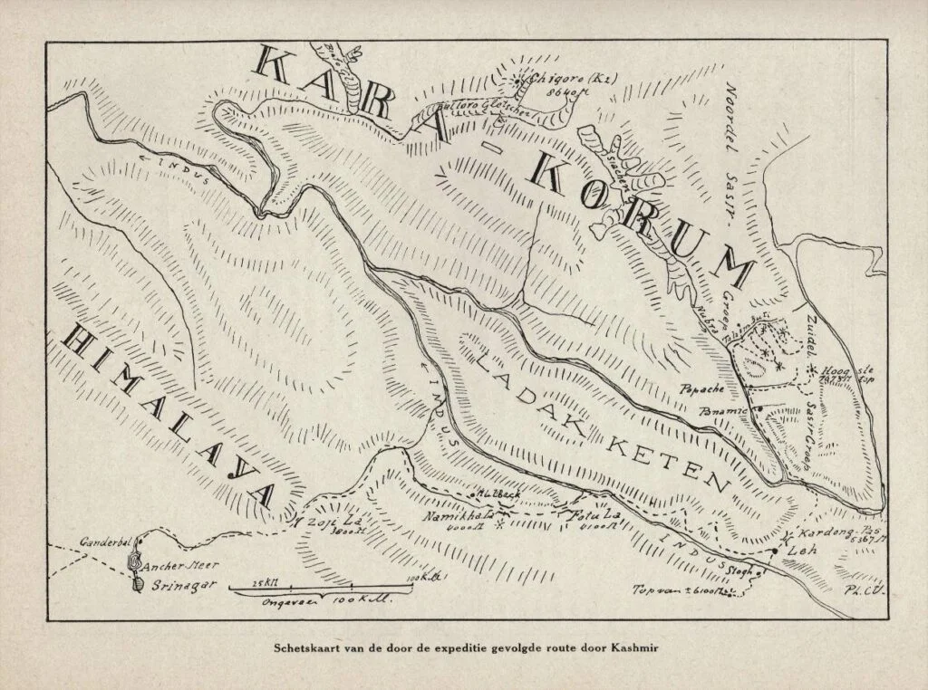 Kaartje met de route van de expeditie uit boek van Visser