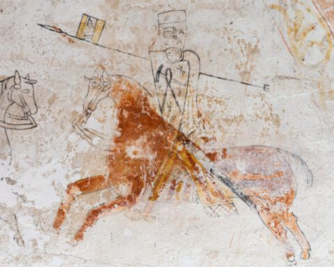 Muurschildering van een ruiter met kletsie, kerk van Den Andel (Gr.), ca. 1300-1350