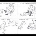3⅟2 eeuw Nederlandse bezetting, 3⅟2 jaar Japanse bezetting, 17 augustus 1945, 17 augustus 1954. Cartoon uit het blad Pemuda van 11 november 1954.