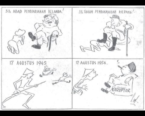 3⅟2 eeuw Nederlandse bezetting, 3⅟2 jaar Japanse bezetting, 17 augustus 1945, 17 augustus 1954. Cartoon uit het blad Pemuda van 11 november 1954.