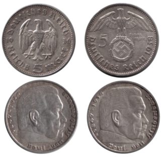 Munten van 5 Reichsmark, met en zonder swastika 