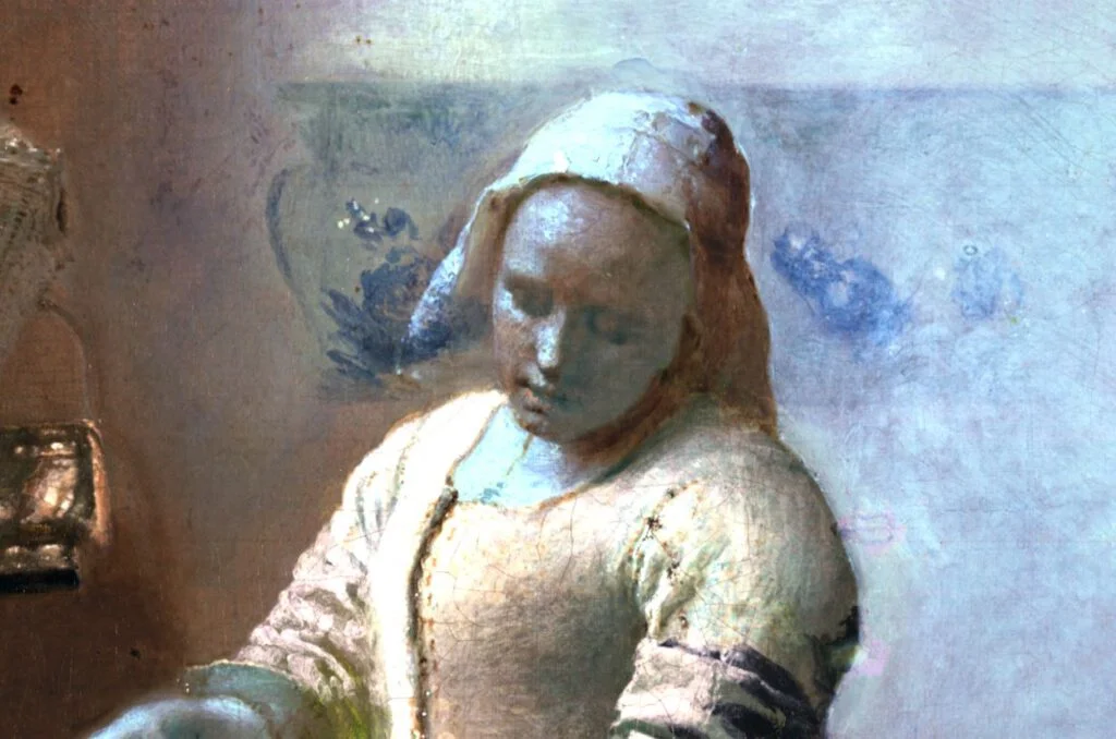 SWIR scan van 'Het melkmeisje' met op de achtergrond delen van het later overgeschilderde kannenre