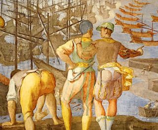 Ter ere van Reinier Grimaldi zijn rond 1600 fresco’s aangebracht in het Palazzo Grimaldi, nu Palazzo Spinola, van de overwinning op de Gouwe in 1304. Op de afbeelding is een fragment van deze schitterende fresco’s te zien. De schildering, gemaakt door Lazarro Taverone, geeft de aankomst van de geallieerde vloot weer gadegeslagen door poorters op de muren van Zierikzee. Hierover een volgende keer meer.