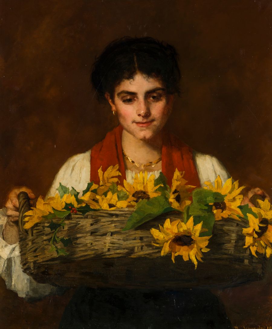 Thérèse Schwartze (1851-1918), Vrouw met zonnebloemen, 1885, olieverf op doek, collectie Drents Museum (schenking uit een particuliere collectie).