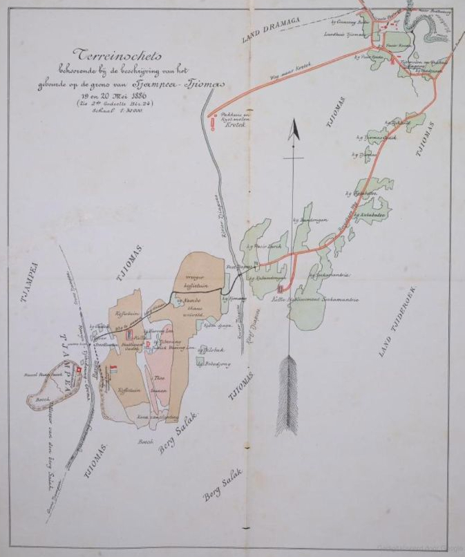 Kaartje van het gebied rond Tjiomas, zoals weergegeven in het boek 'De Zaak Tjiomas door den landeigenaar toegelicht door Jhr. J.W.E. de Sturler', 1886 