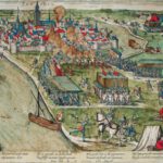 F. Hogenberg, De inname van Zutphen op 16 november 1572 door Don Fadrique de Toledo. De stad is fantasierijk en in spiegelbeeld afgebeeld. Het leger viel immers niet uit zuiden maar uit het noorden aan, en van de schansen ontbreekt hier elk spoor. De prent bedoelt vooral de kracht van de aanvaller te laten zien. Uit: Nieuwe historische atlas van Zutphen