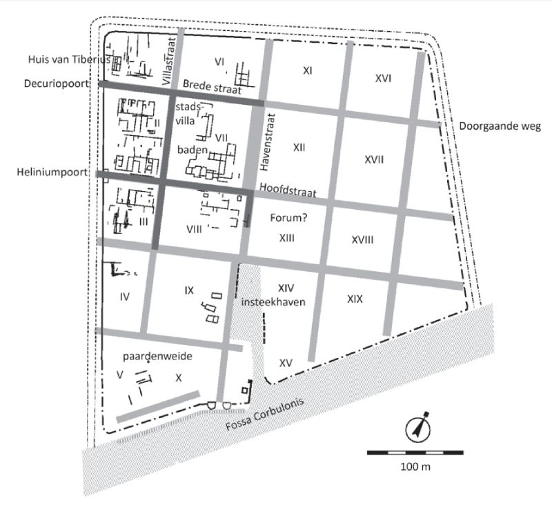 Schets van de plattegrond van Forum Hadriani na de vermoedelijke oostelijke uitbreiding rond 200.