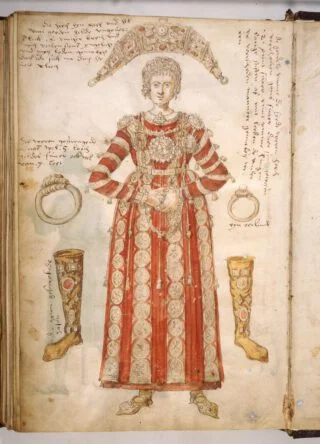 Afbeelding uit het Manninga-huisboek van een rijk geklede vrouw uit Osfriesland, circa 1570. Het grote borstsieraad, de ronde zijschilden en de gouden ketting worden samen een esschart genoemd. Privécollectie.