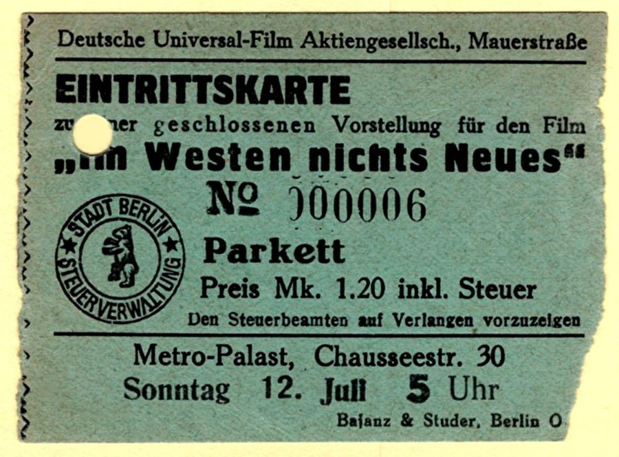 Ticket voor een filmvertoning in 1930