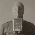 Demonstratie van het gasmasker van Zelinsky door een Amerikaanse soldaat, 1915