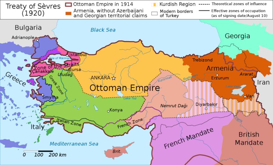 Grenzen van het Ottomaanse Rijk volgens het Verdrag van Sèvres (1920), dat later werd vervangen door het Verdrag van Lausanne (1923) 
