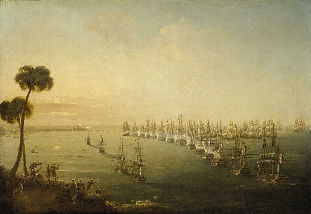 De Slag bij de Nijl, 1 augustus 1798. Schilderij door Nicholas Pocock (1740-1821), 1808. National Maritime Museum, Greenwich, London, Caird Collection (ID: BHC0513)