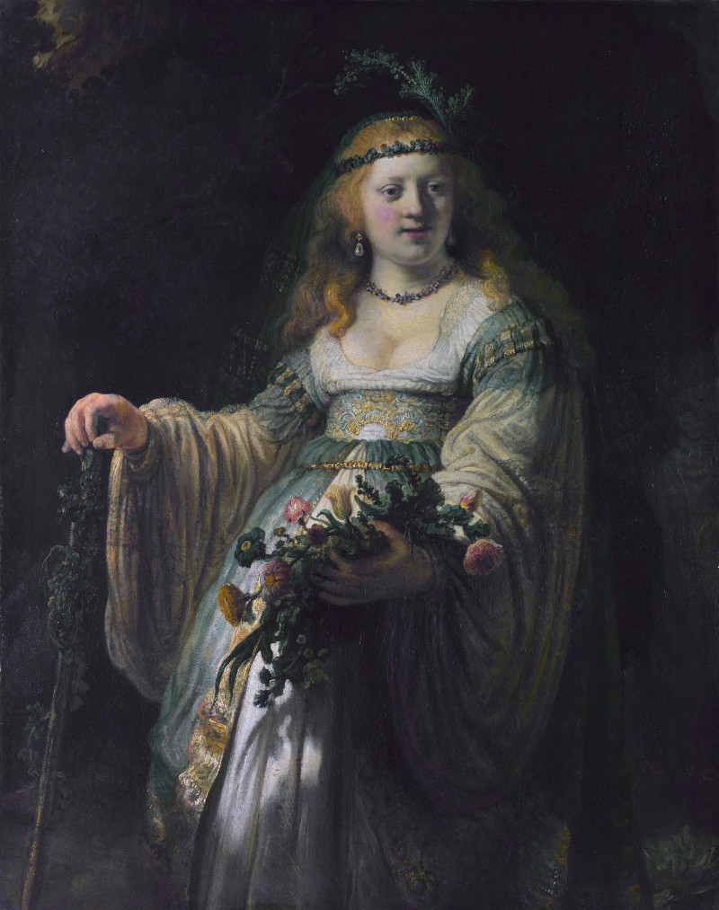 Vrouw (vermoedelijk Saskia Uylenburgh) afgebeeld als Flora - Rembrandt van Rijn, 1635 