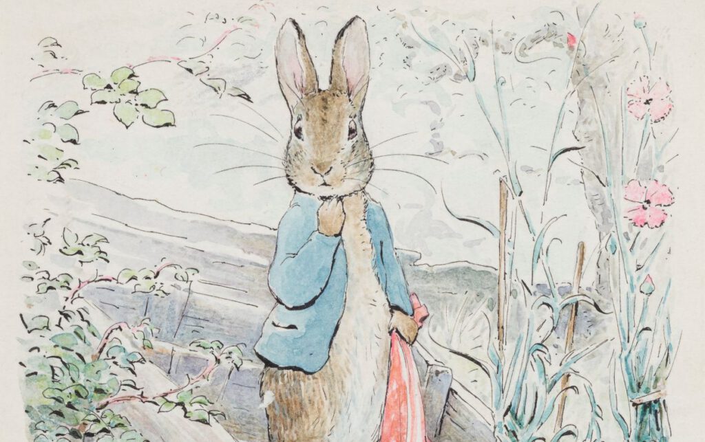 The Tale of Benjamin Bunny, Peter met zakdoek- Beatrix Potter, 1904 - © National Trust images / via Victoria and Albert Museum, London