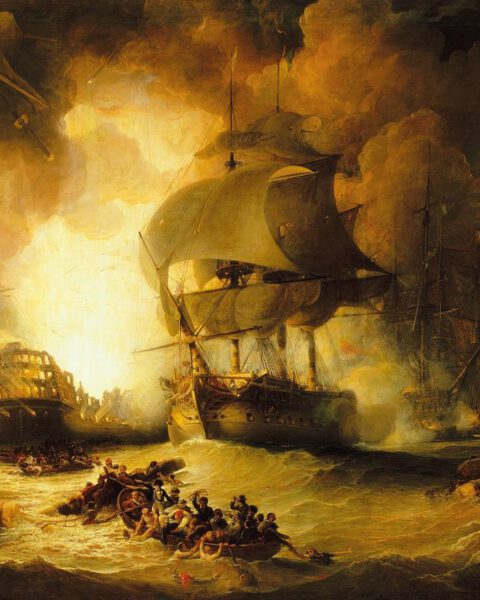 De ontploffing van de L’Orient. Schilderij door George Arnald (1763–1841), 1825-1827. NMM, Greenwich, Londen, Greenwich Hospital Collection (ID: BHC0509)