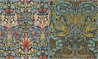 Twee van William Morris' ontwerpen: met 'Snakeshead' bedrukt textiel (1876) en 'Peacock and Dragon' geweven wollen meubelstof (1878)