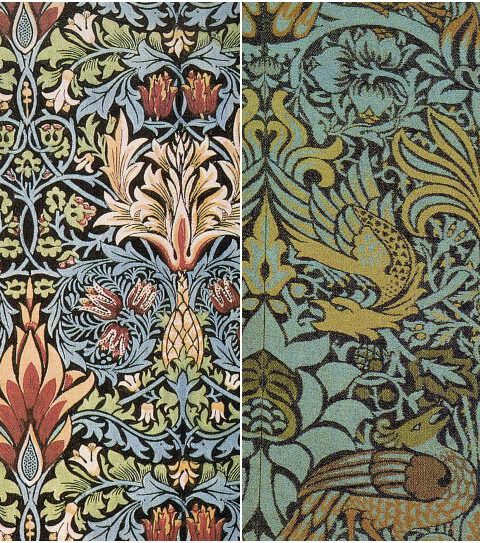 Twee van William Morris' ontwerpen: met 'Snakeshead' bedrukt textiel (1876) en 'Peacock and Dragon' geweven wollen meubelstof (1878)