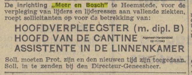 Advertentie uit het Algemeen Dagblad van 2 november 1943. Het bestuur is op zoek naar nieuw personeel dat 'den nieuwen tijd' is toegedaan 