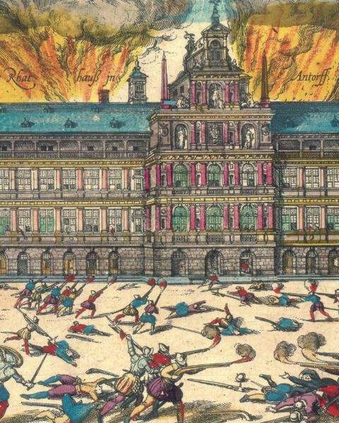 De Grote Markt met het Stadhuis tijdens de Spaanse furie. Ingekleurde prent van Frans Hogenberg zoals te zien op de voorkant van het boek van Serrien
