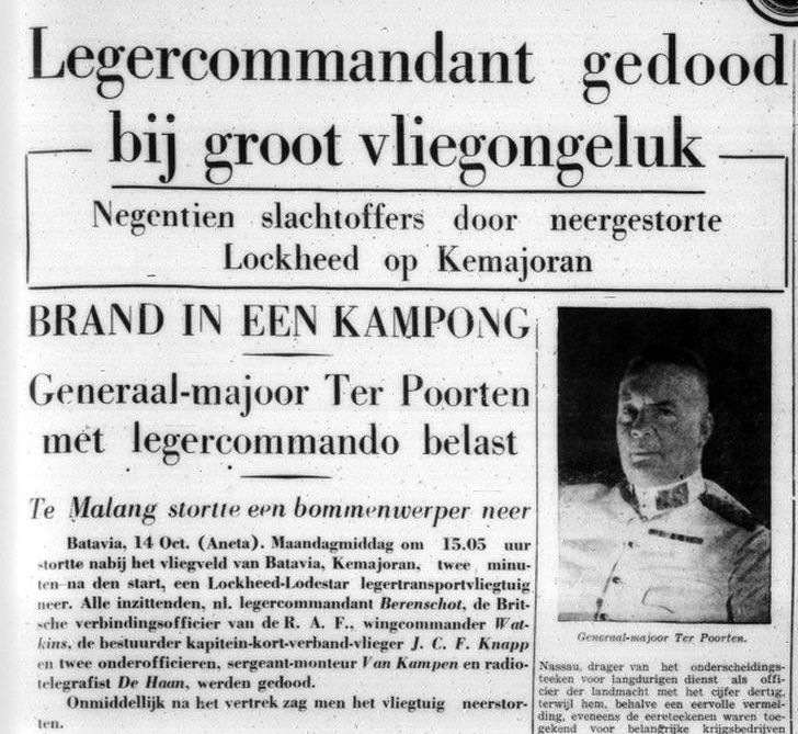 Bericht in de Sumatra Post   over het ongeluk waarbij legercommandant Berenschot om het leven kwam. Rechts een portretje van zijn opvolger; Hein ter Poorten