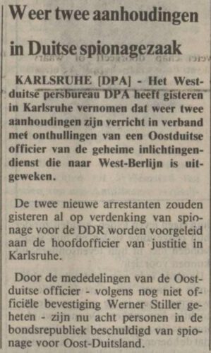 Krantenbericht over aanhoudingen na het verraad van Werner Stiller - 25 januari 1979, Nederlands dagblad 