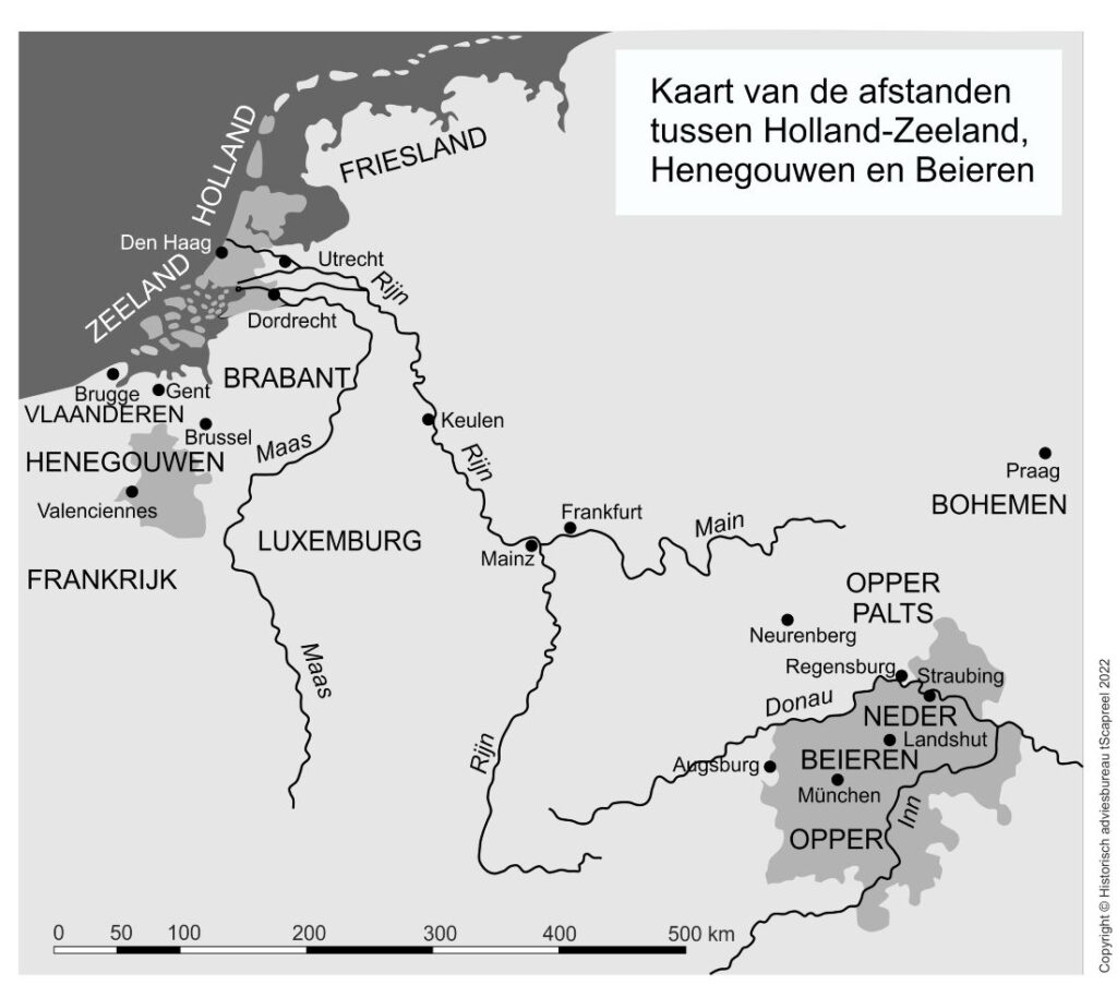 Afstanden tussen Holland, Zeeland, Henegouwen en Beieren, 1350
