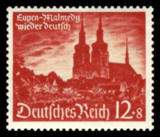 Duitse postzegel uit 1940 met daarop de tekst: 'Eupen-Malmedy wieder deutsch'
